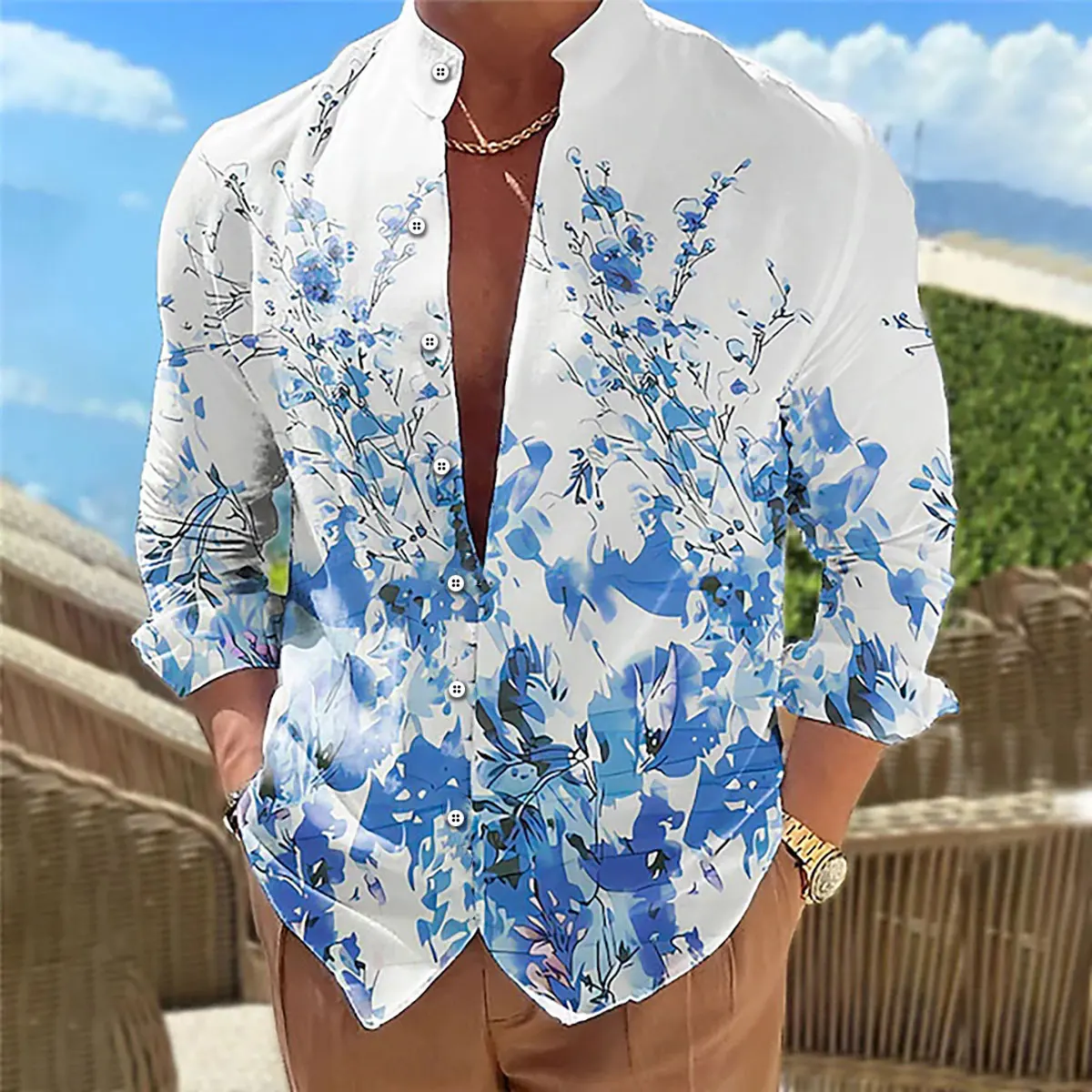 New Men's Shirt Multicolor Floral Pattern 3D Printing Stand Collar Long Sleeve Daily Casual XS-6XL Fast Shipping