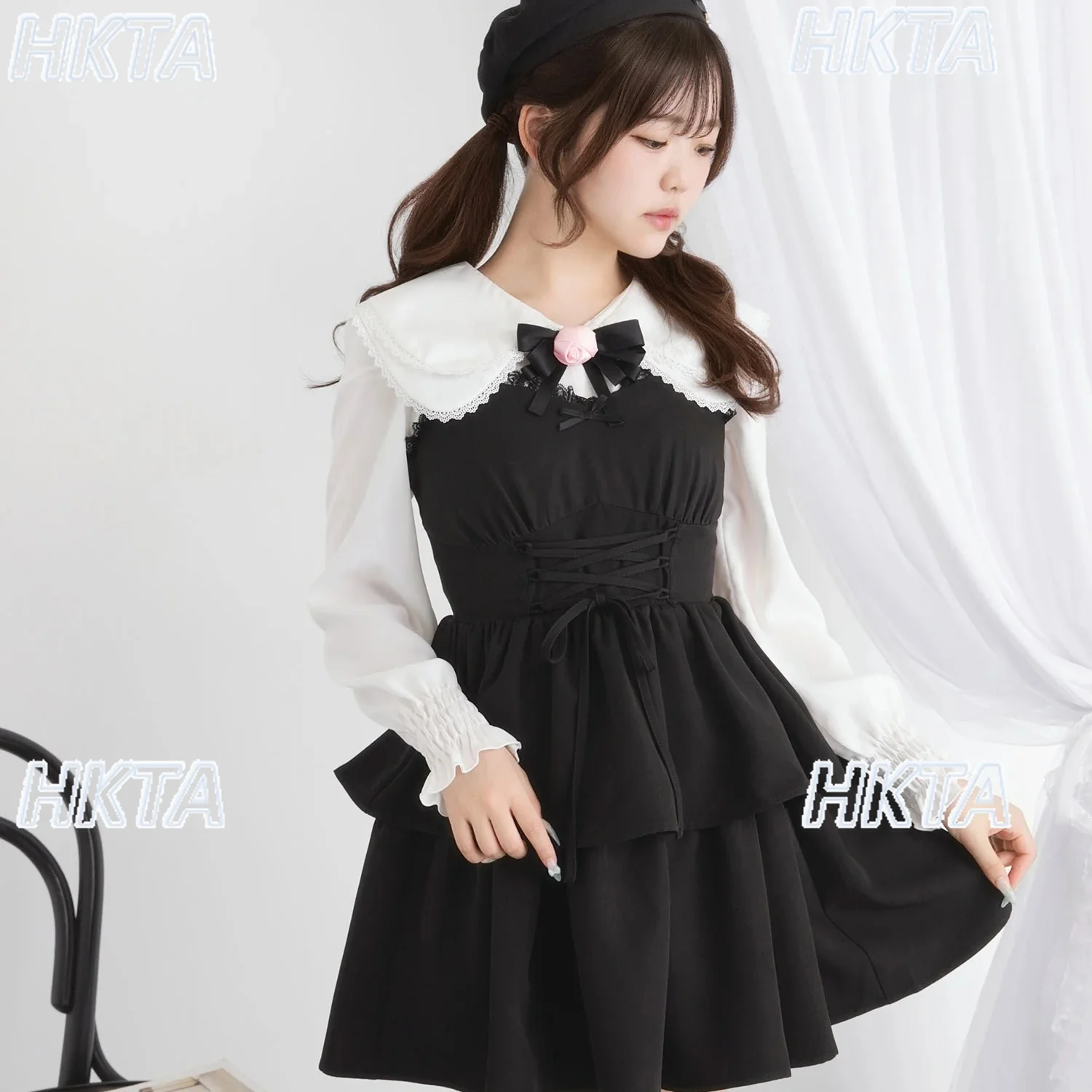 الحلو الخريف جديد تنوعا قميص أبيض المرأة لطيف مزدوجة طوق ثلاثي الأبعاد زهرة القوس كم طويل الشيفون البلوزات الأعلى