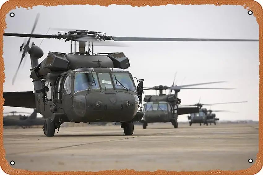 UH-60 Black Hawks Taxis Out for a Mission over Northern Iraq Unique Metal Bar Wall Plaque Decor Vintage Kitchen Tin Sign 12 X 8