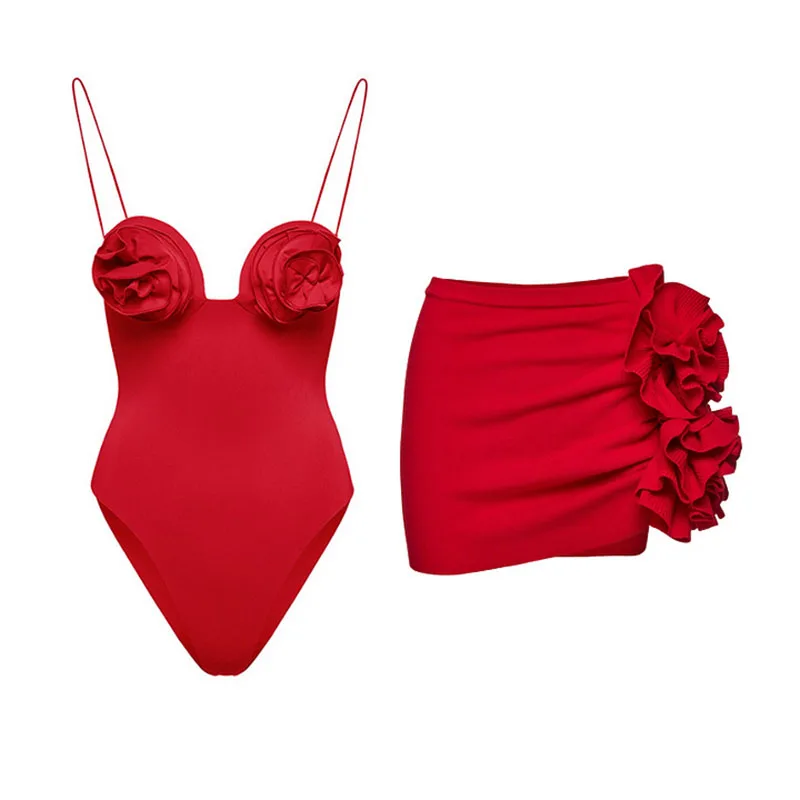 Women Swimwear Flower Decorative Suspender Solid Swimsuit Two-piece Bodysuit Bikini Set Beach Style Wear Maxi Dress Skirt