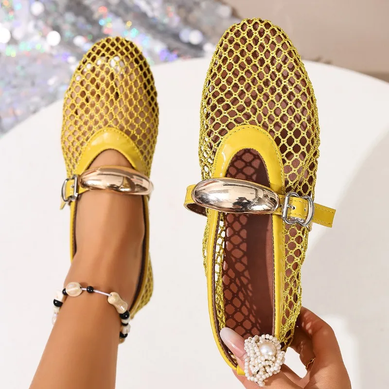 

Net flat fashion sandals new summer round head breathable non-slip line button Mary Jane fishnet shoes ladies shoes