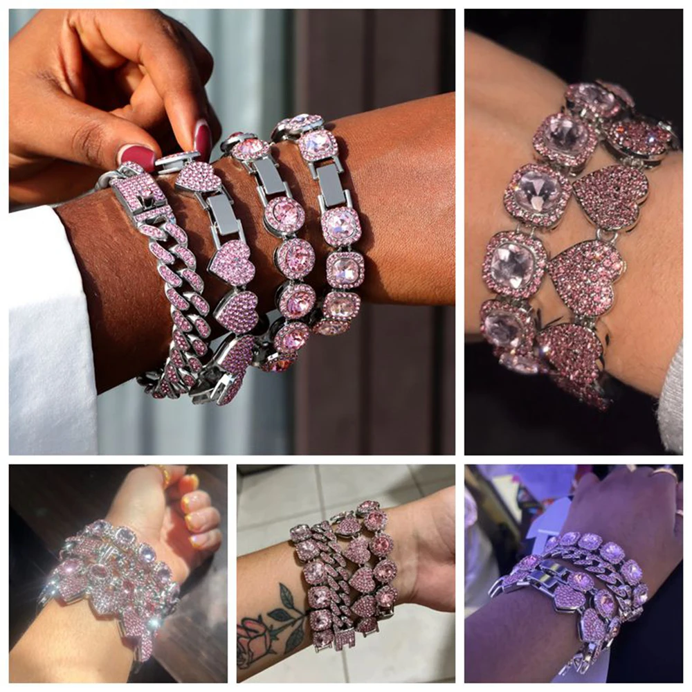 Iced Out Pink Rhinestones Miami Cuban Link Chain Bracelets for Women Heart Tennis Chain Cuban Bracelet Set Jewelry Wholesale