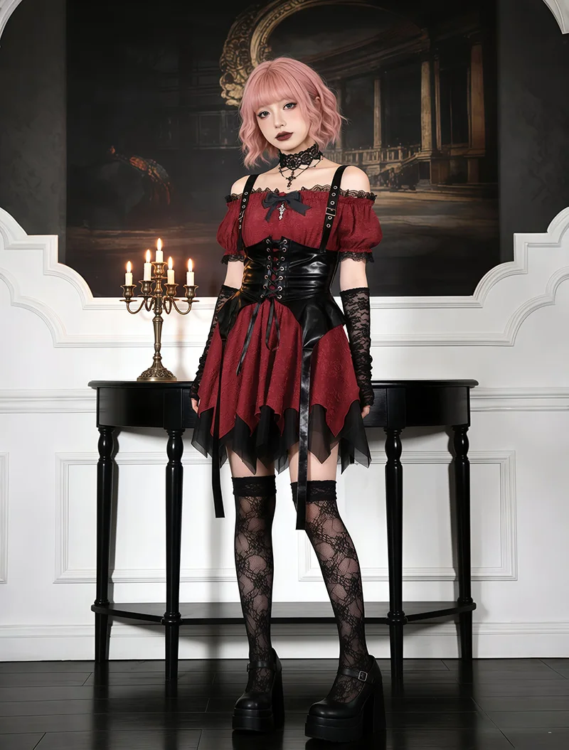 

Dark Style Halloween Puffy Skirt Dress Women's Long Sleeve Slim Fit Gown with Sash Shoulder Bared Net Material for Stage