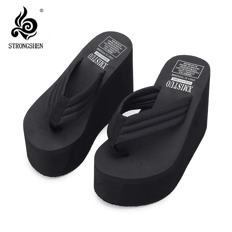 

STRONGSHEN 12cm Height Increase Thick Sole Flip Flops Women Herringbone Wedge Slippers For Women Summer Outdoor Beach Slippers