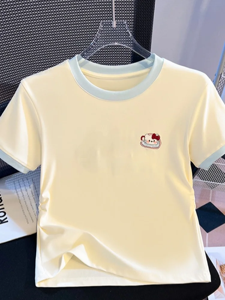 

Embroidered Letter ort Sve T-irt Women's round Ne Cotton Breathable Summer Top Korean Sle Slim Fit Commute Sle