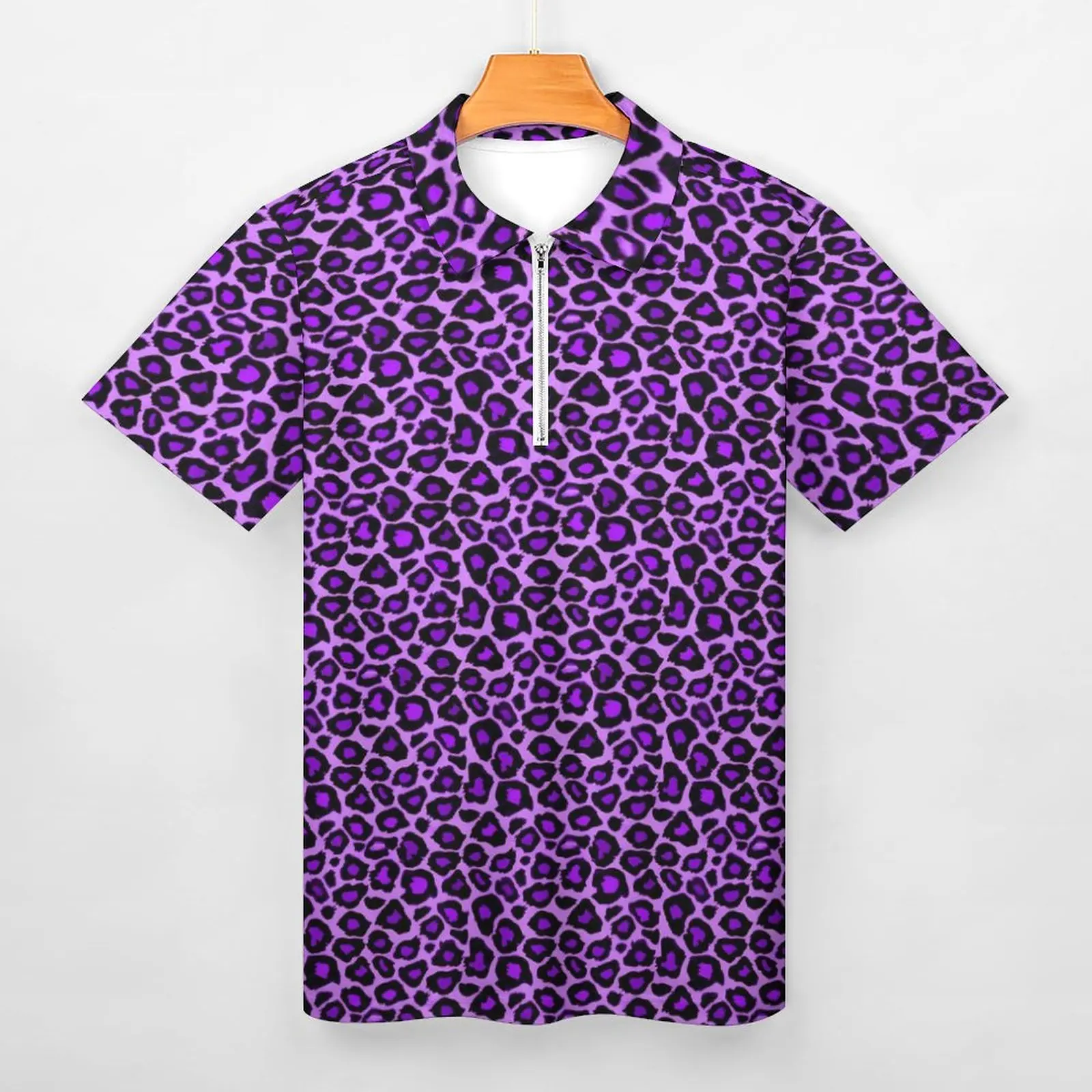 Purple Leopard Polo Shirts Men Animal Print Casual Shirt Beach Street Style Zipper T-Shirts Short-Sleeve Graphic Oversized Tops