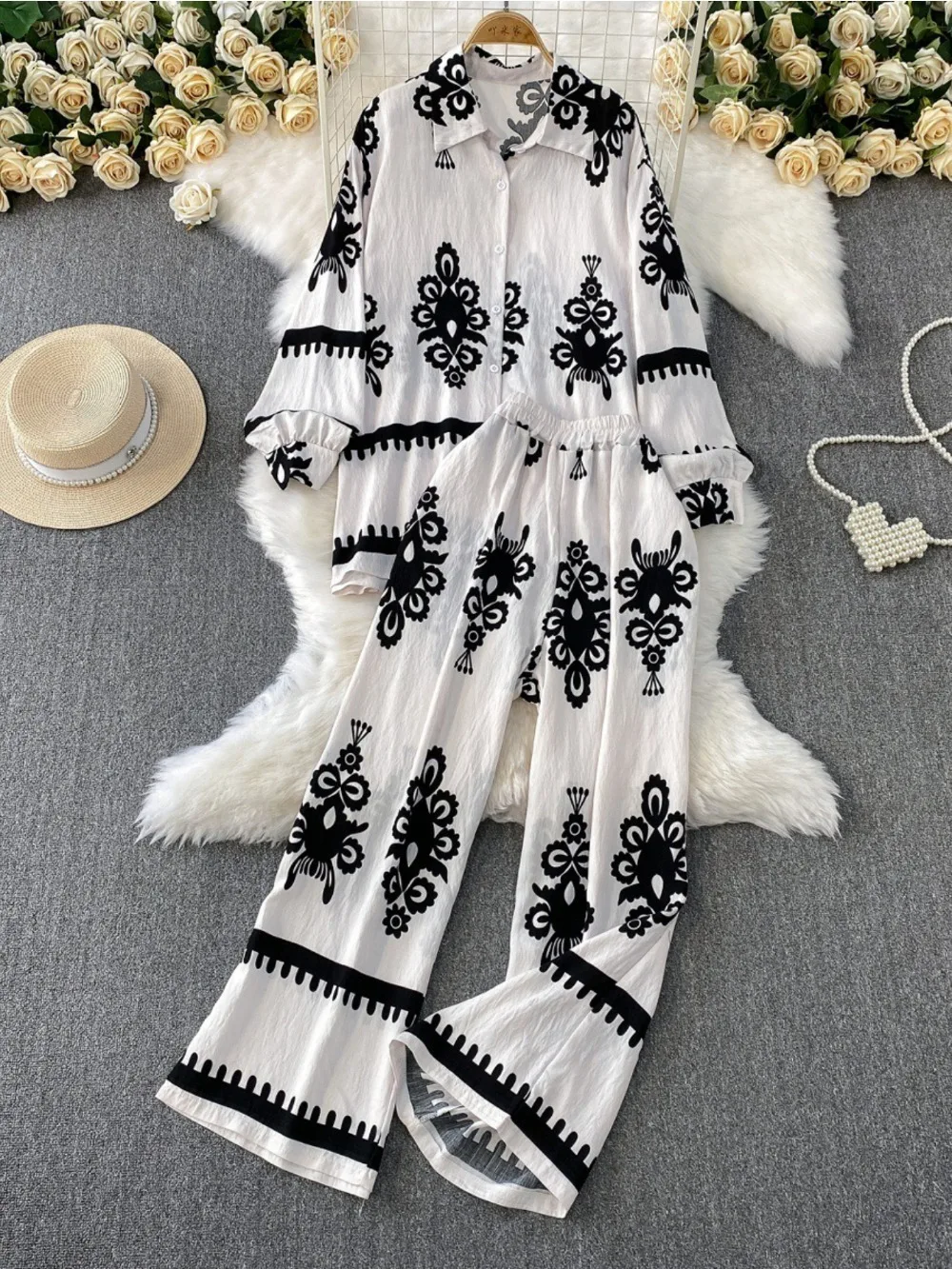 

Women Two Piece Skirt Sets Shirt Muslim Suits Shirt Tops Full Sleeve Solid Wide Leg Pant Long Elegant Elastic Waist Summer 2025