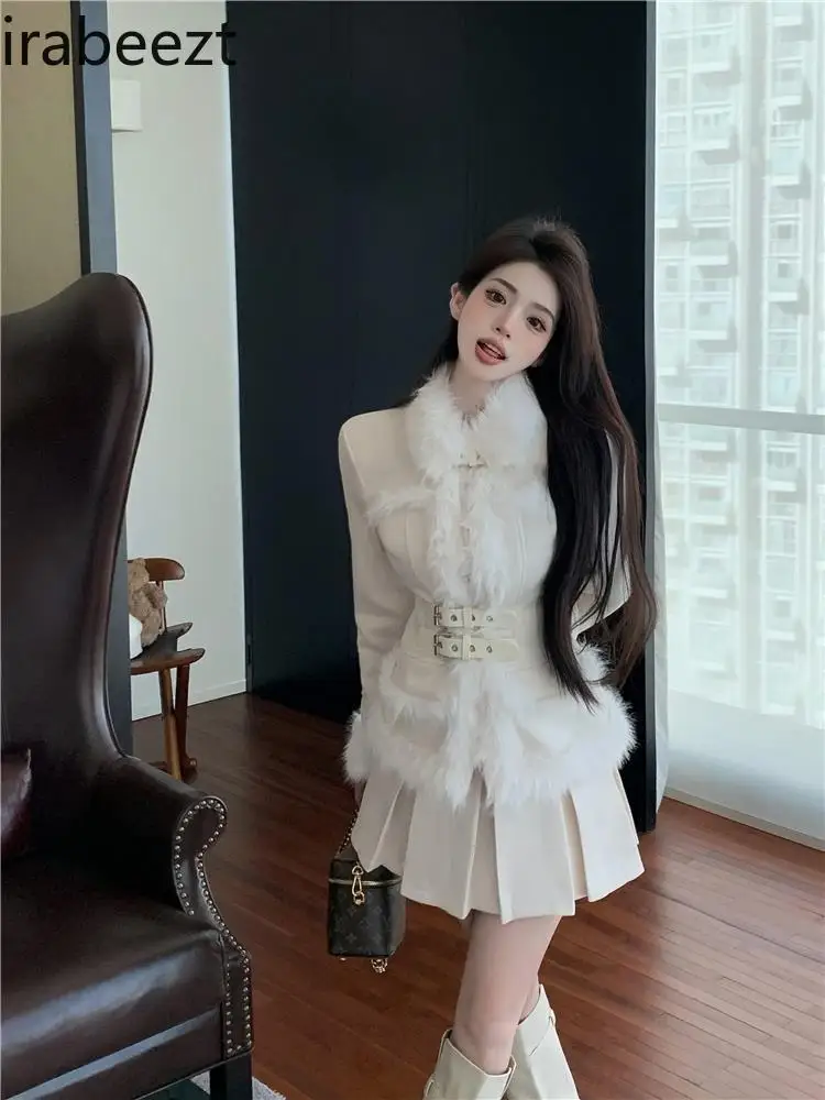 2024 Autumn and Winter New Elegant Plush Stitching Furry Short Jacket High Waist Skirt Two-piece Set Conjuntos De Falda