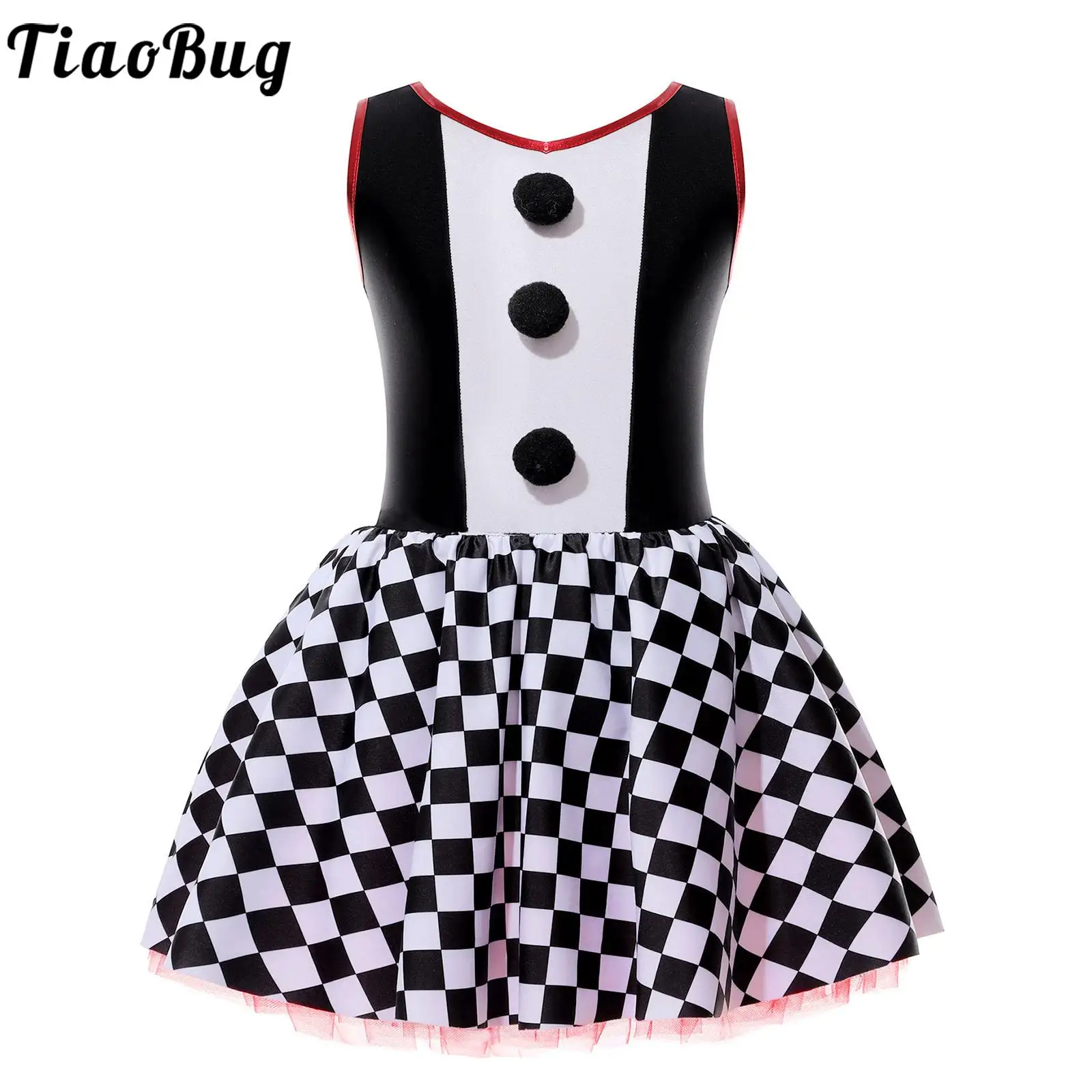 

Kids Girls Circus Clown Costume Halloween Carnival Theme Party Cosplay Checkerboard Print Color Contrast Tutu Dress Dancewear