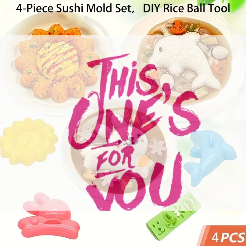【BA】4-Piece Bunny And Dolphin Rice And Vegetable Roll Molds, Kitchen DIY Bento Rice And Vegetable Roll Sushi Molds