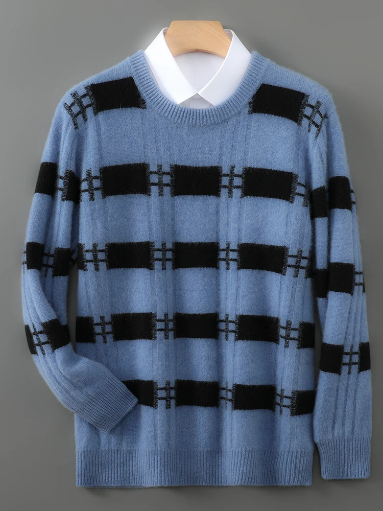 Men Merino 100% Wool O-neck Color-block Pullover Geometric Pattern Knitted Keep Warm Business Autumn Winter Cashmere Clothing