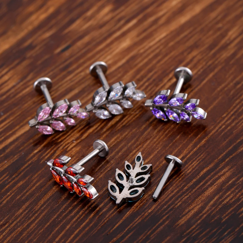 2024 Newest G23 ASTM F136 Titanium 16G Leaf CZ Stone Flat Back Stud Earring Helix Cartilage Monroe Medusa Tragus Piercing