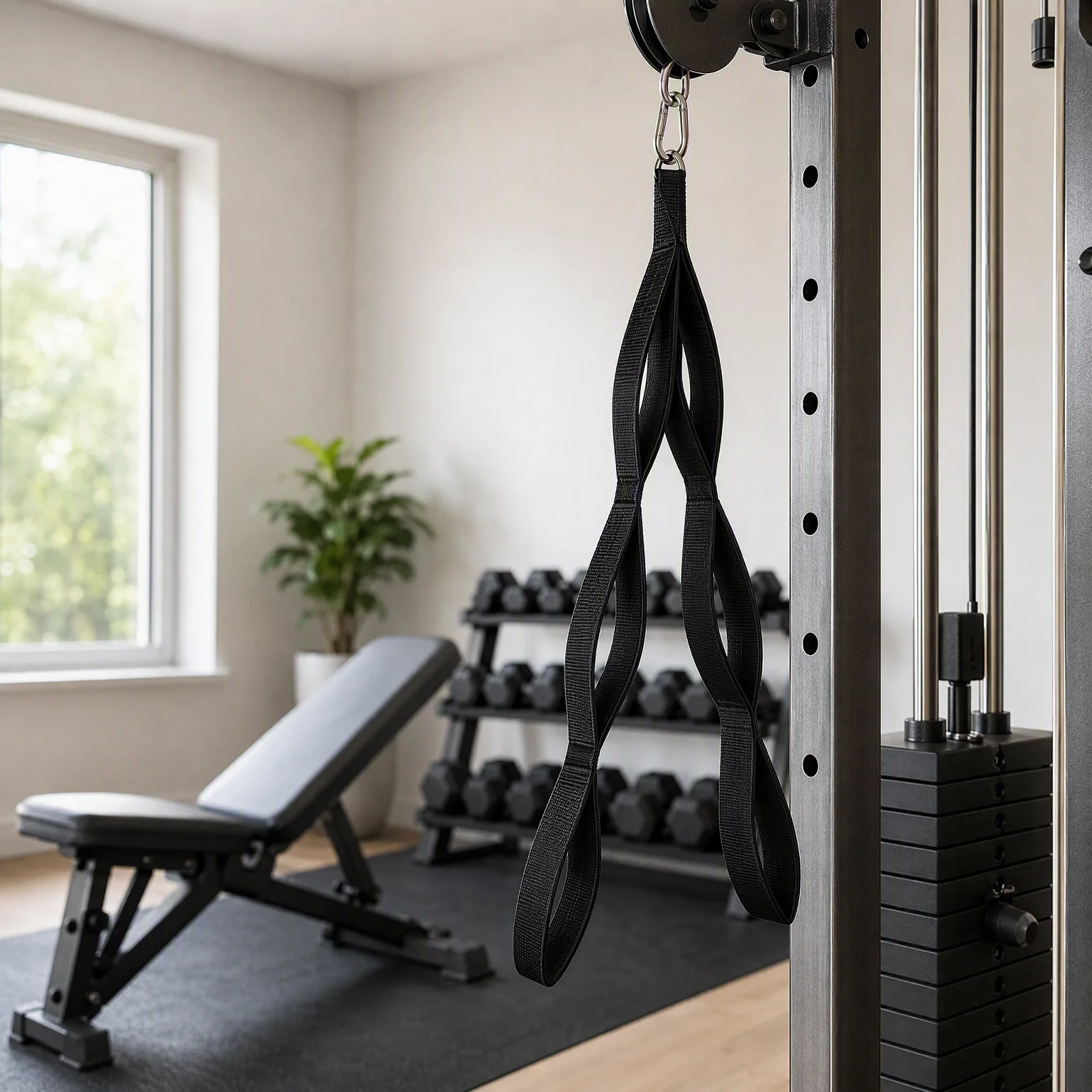 3-Section Adjustable Tricep Rope Cable Attachment Gym Lat Pulldown Extension Dual Handle Bar Press Down Strap Black Green