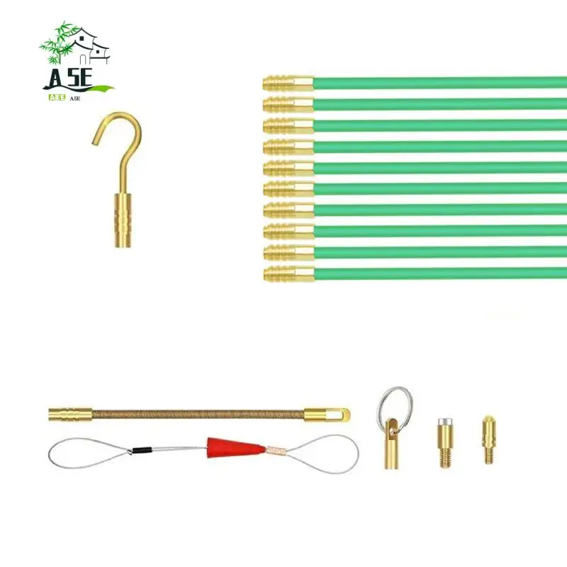 A05E-Fiberglass Fish Tape Cable Rods, Electrical Wire Running Pull/Push Kit With Hook And Hole Kit Glow Rod, Hook Hole