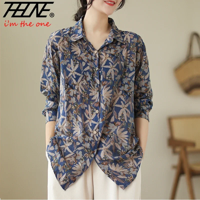 Blusa Mujer Moda 2024 Women Blouses Shirts Plus Size New Vintage Korean Style Long Sleeve Print Casual Cotton Linen Top Camisas