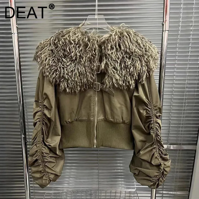 DEAT Fashion Women's Fur Patchwork Cotton-padded Jacket Loose High Street Zipper Warm Short Coat 2024 Winter New Trendy 11A01412