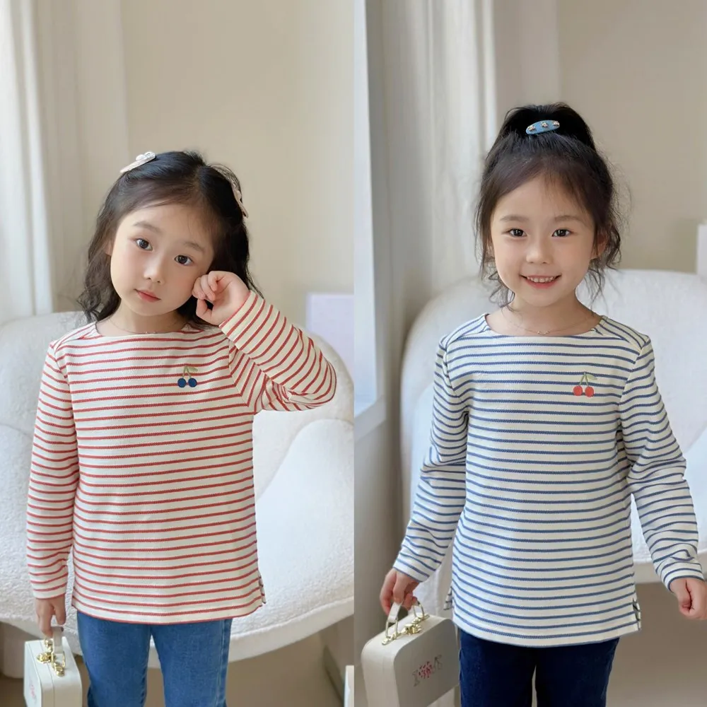 

fall kids tops Thick cotton leisure clothes Cherry Embroidered Stripe Pattern Long Sleeve T-shirt