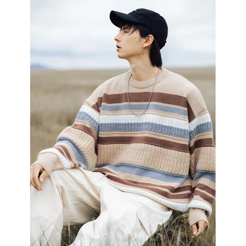 Autumn/winter Stripe Splicing Round Neck High-quality Knitted Sweater for Men\'s New Loose Fashion Brand Casual Couples Sweater