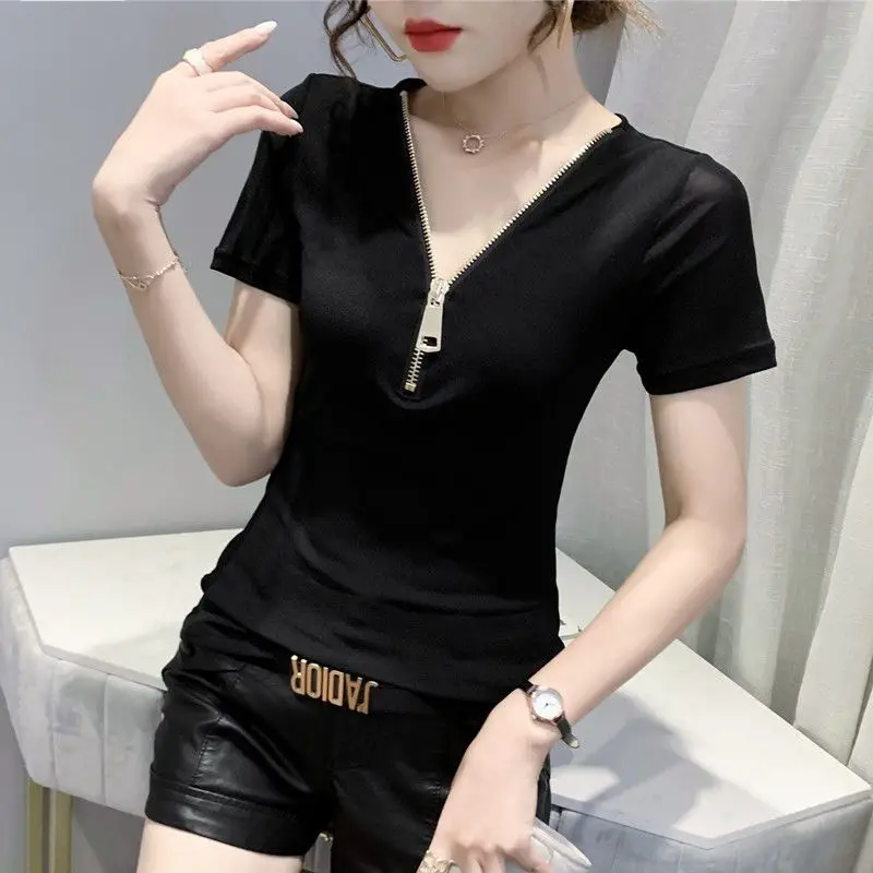 New Summer Women's Solid Colors V-Neck Zipper Short Sleeve Lace Gauze Sexy Pullovers Appear Thin Classic Fashion CommuteTops