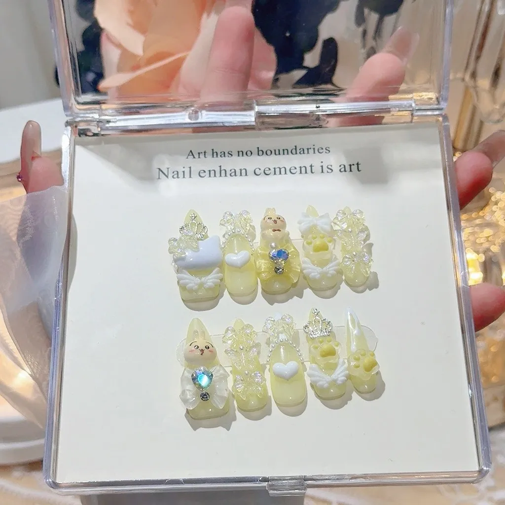 10枚入り Y2K風 可愛い和風ジライ系 手作りプレスオンネイル ギャルアニメ風 偽爪 ヤミカワイイ 3Dリボン キャットクロー ピンクネイルアート