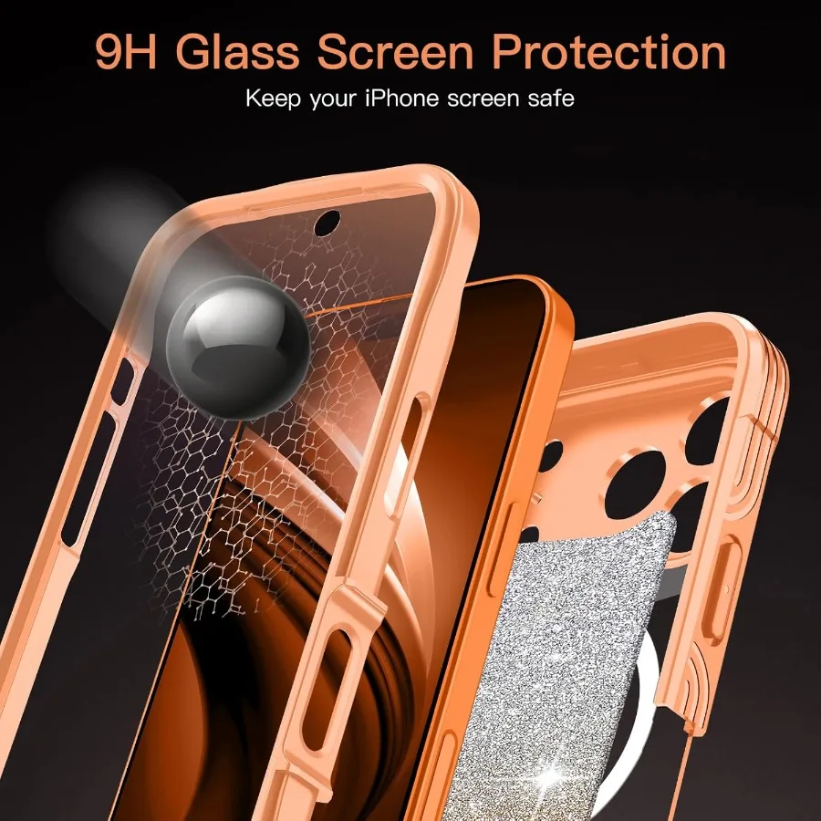 Orange Full Body Shockproof Protective Case for iPhone 17 Pro Max with Built-in Tempered Glass Screen Protector and Camera Lens