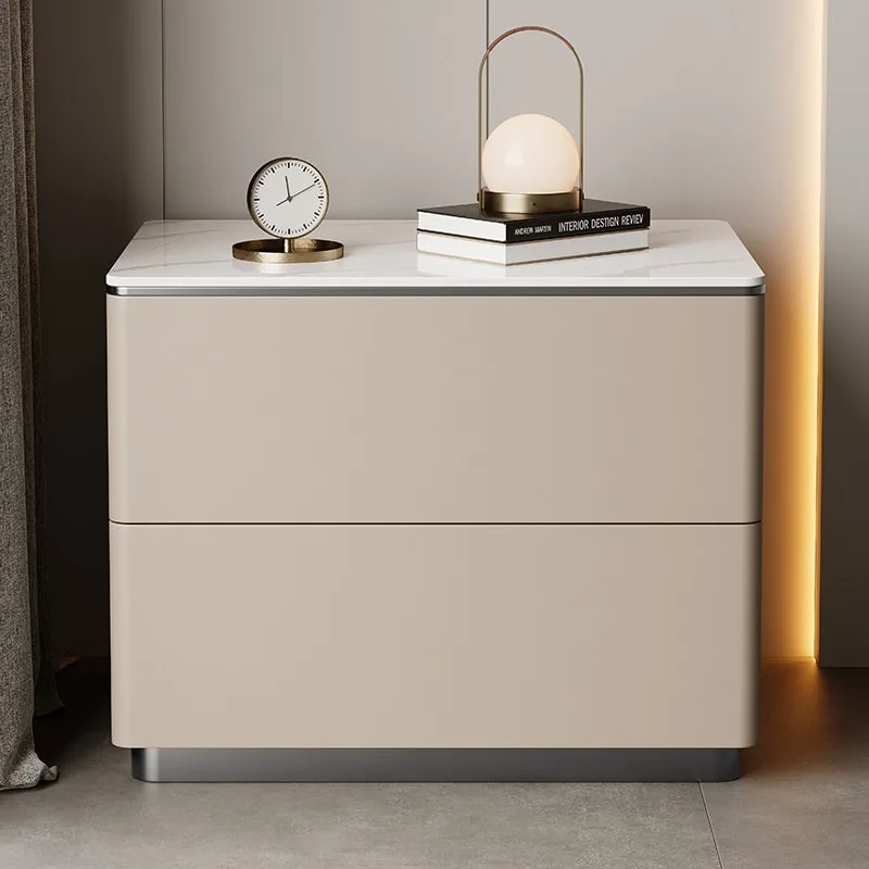Light luxury bedroom rock slab countertop bedside table leather all solid wood frame modern simple high-end creative bedside tab