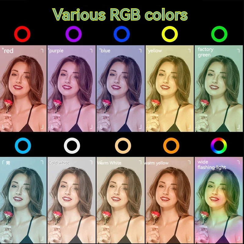 RGB 10 Inch Dimmable LED Selfie Ring Light with Stand 40cm Tripod Lamp Photography Ringlight Phone Clip Studio Desktop