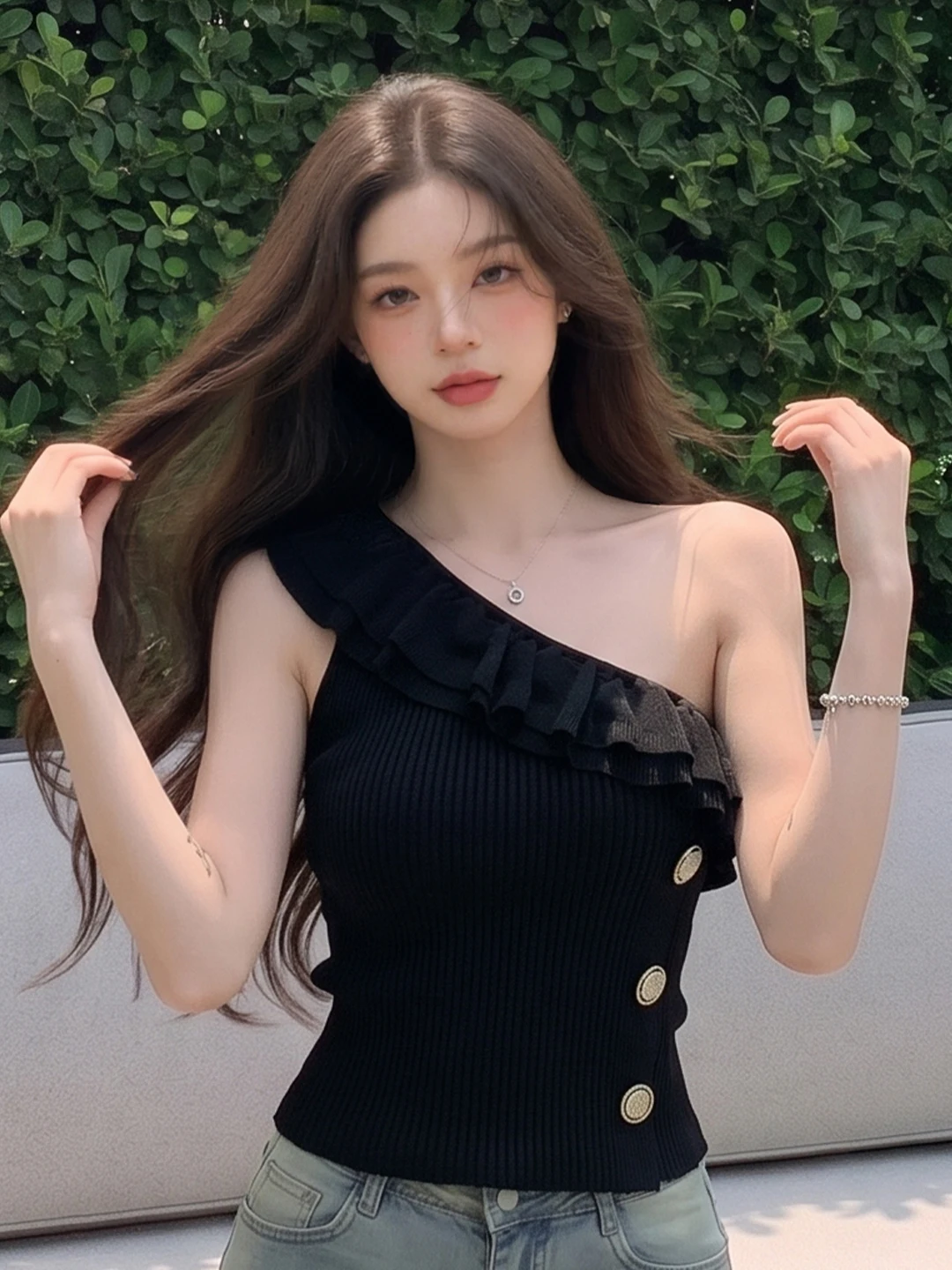 

Sexy Shoulder Slanting Short Sleeveless Top Women's Summer Design Slimming Base Shirt Lady Style Polyester Fiber Casual Wear