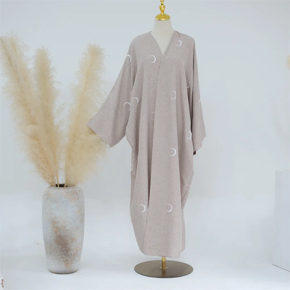 

Moon Embroidery Cotton Linen Open Abaya Kimono Bat Sleeves Muslim Abayas for Women Dubai Luxury Islam Clothes Ramadan Eid Kaftan