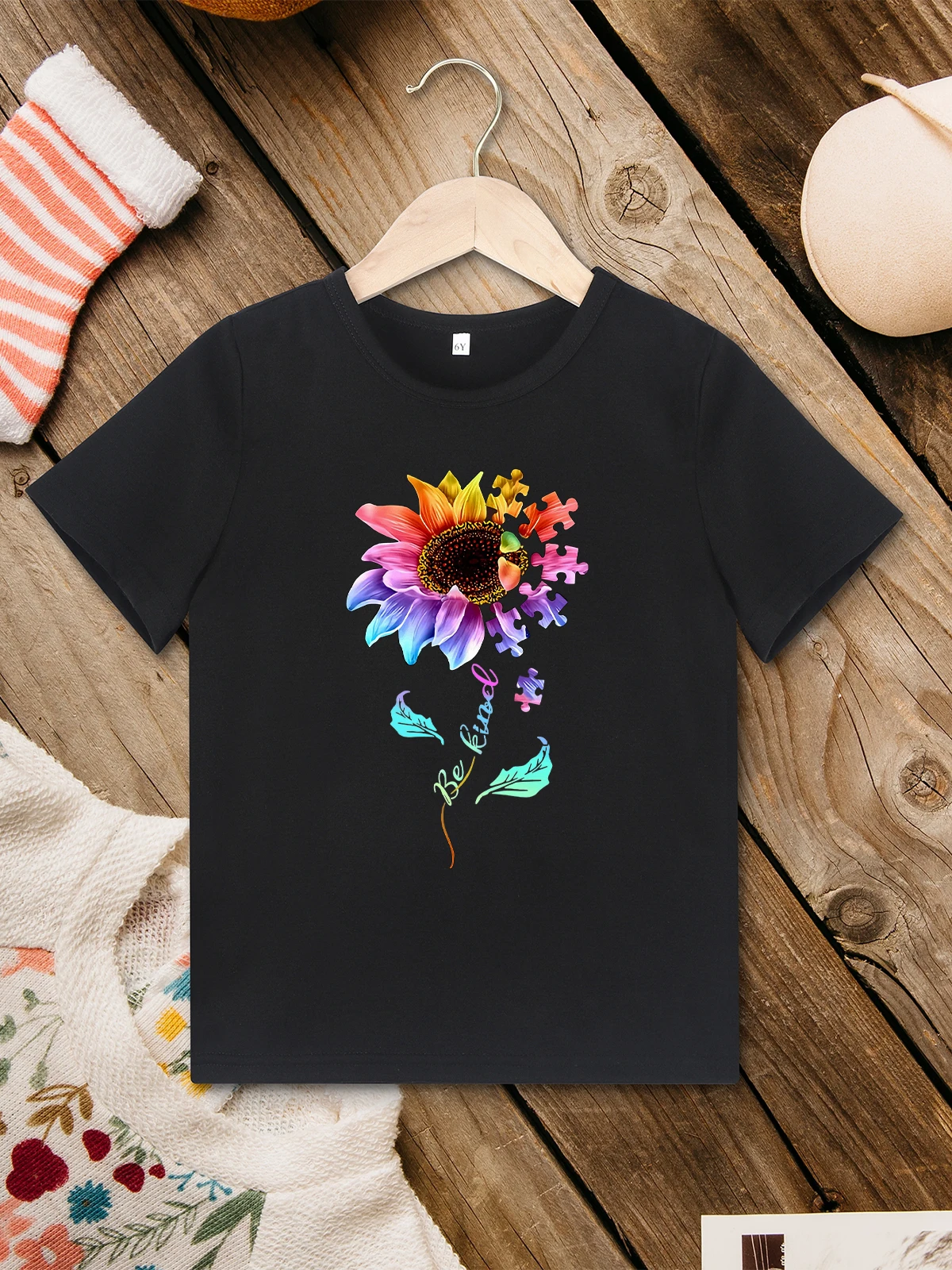 

Sunflower Aesthetic Print Kids T Shirt Be Kind 2 to 7 Years Boys and Girls Clothes Black Fashion High Quality Children Tops