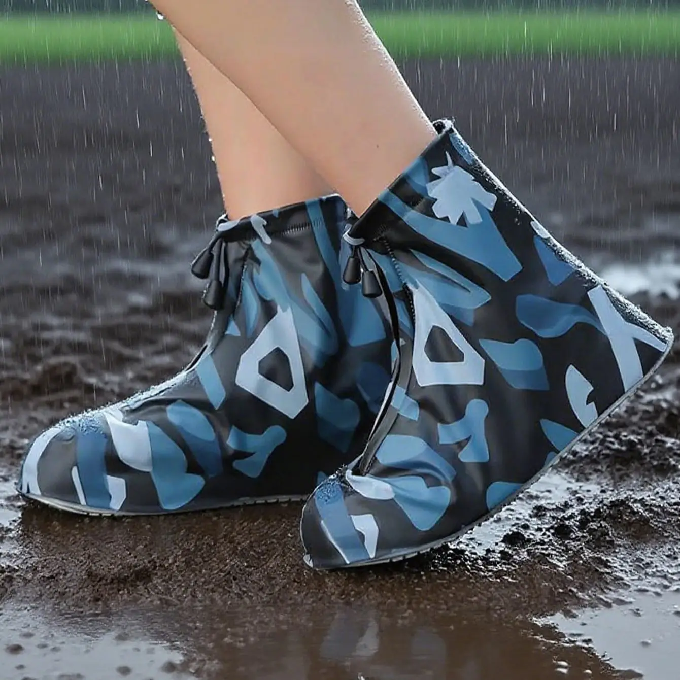 Waterproof Shoe Covers Thickened Portable Mid Calf Rain Boots with Zipper Outdoor Travel Foot Covers for Adults Kids