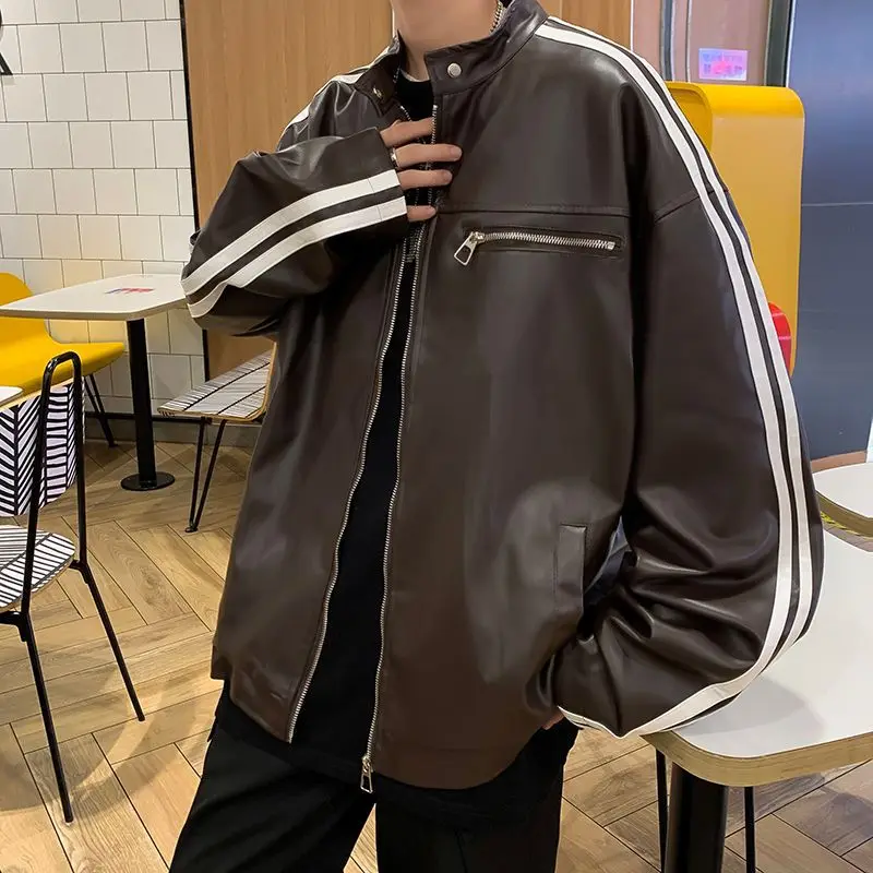 Side Stripe Jackets Men Moto Biker Loose Handsome Windproof Panelled Normcore Aesthetic Slouchy Spring Autumn European Style