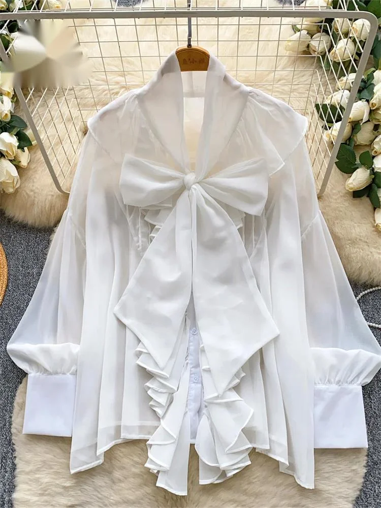 

Bow Chiffon Court Shirt Spring Full Sleeve Thin Regular Fit Gentle Tops Candy Color Office Lady Lace Up Ruffles Blouse