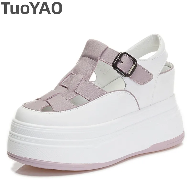 

8cm Cow Genuine Leather Platform Wedge Flats High Brand Women Sandals Flats Chunky Sneakers Vulcanize Hollow Buckle Shoes