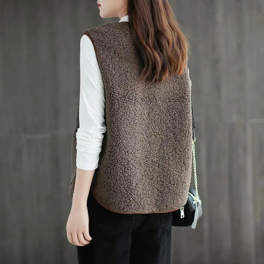 Women Short Vest Women Autumn Winter Vest Stylish V Neck Fleece Vest Coat for Women with Double Pockets Cardigan for Wear Office