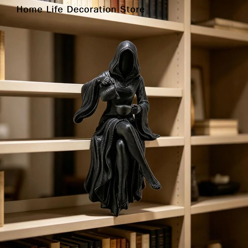 3D Printed Female Grim Reaper Resin Statue Gothic Sitting Sculpture With Scythe Dark Aesthetic Decor For Home Office Halloween view 4