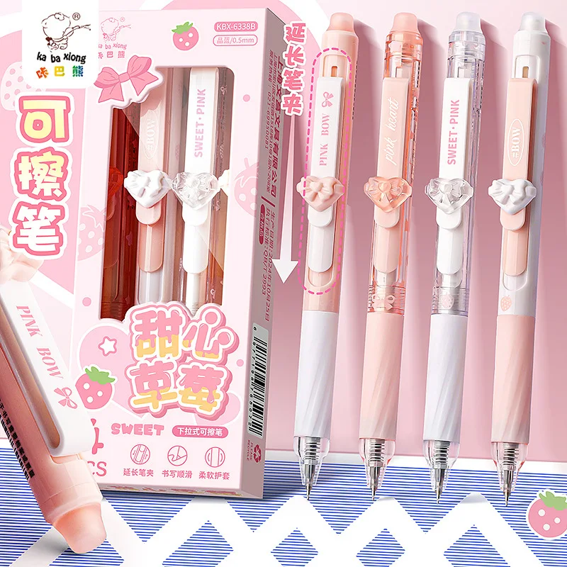 4-12Pcs Kawaii Retractable Erasable Gel Pen 0.5mm Black/Blue Ink Animal Strawberry Decor Clip Student Writing Stationery Pen Set
