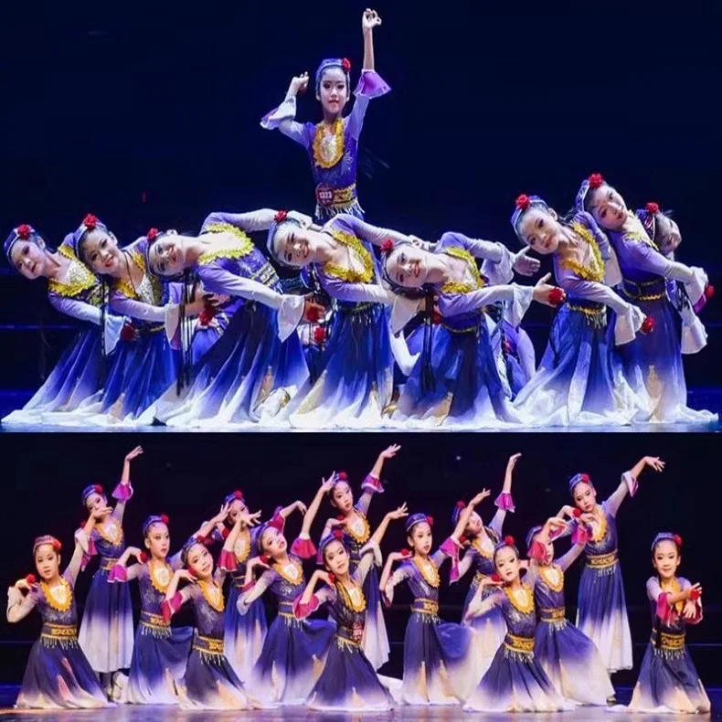 

Children girls in Xinjiang dance costumes inspired by Chinese ethnic dance Uyghur Uyghur dance big swing skirt