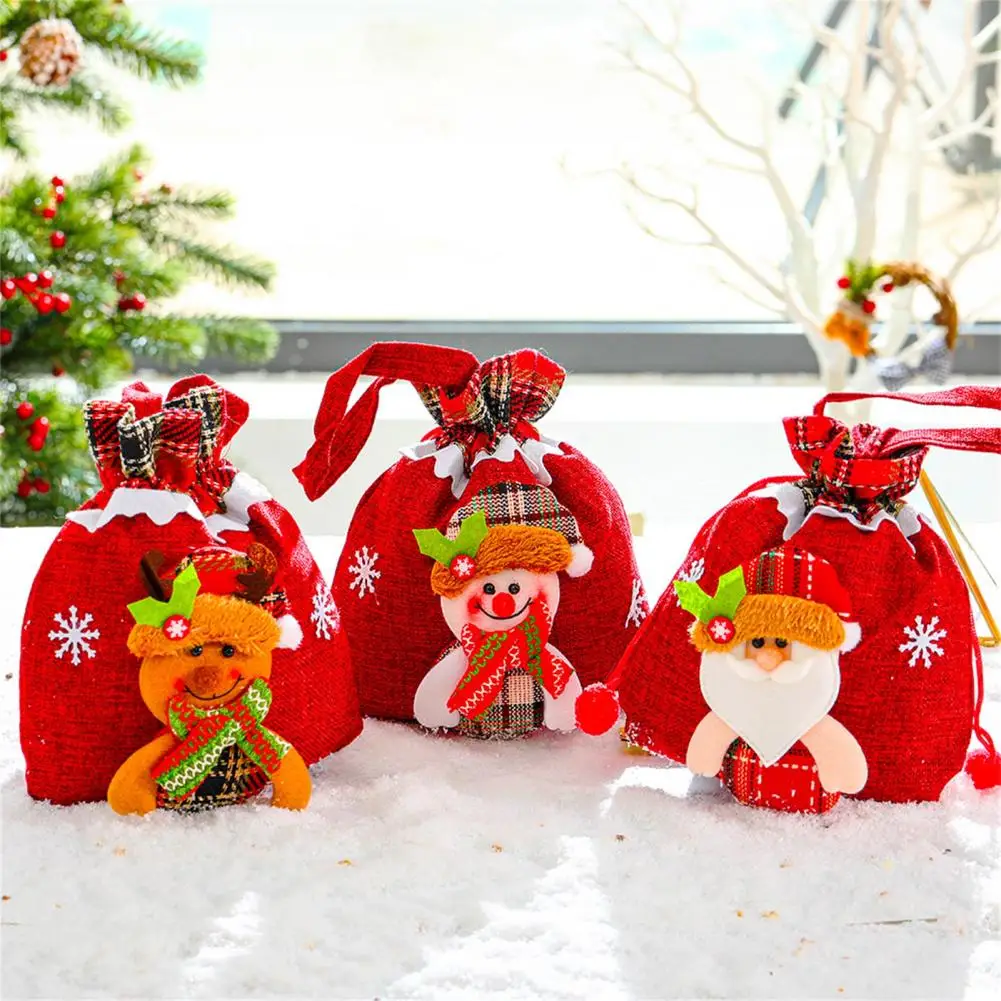 Gift Bags For Packaging Decorative Elk Santa Print Handheld 3D Decor Drawstring Christmas Cookie Can Candy Organizer Xmas Decor