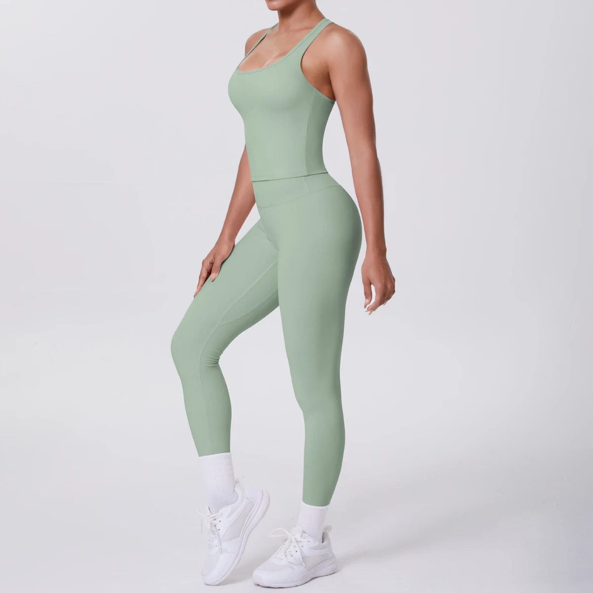 Hamidou 2-teiliges Damen-Yoga-Set, schnell trocknende, hüftformende Fitnesshose, Yoga-Leggings, einfarbig, Gym, schöner Rücken, I-förmige Weste – Detail 24
