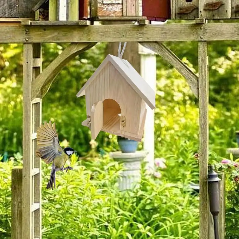 Hangable Bird House Wooden Bird Feeder House With Pole Pet Cottage For Hummingbirds Cardinal Wild Birds Outdoor Decoration For