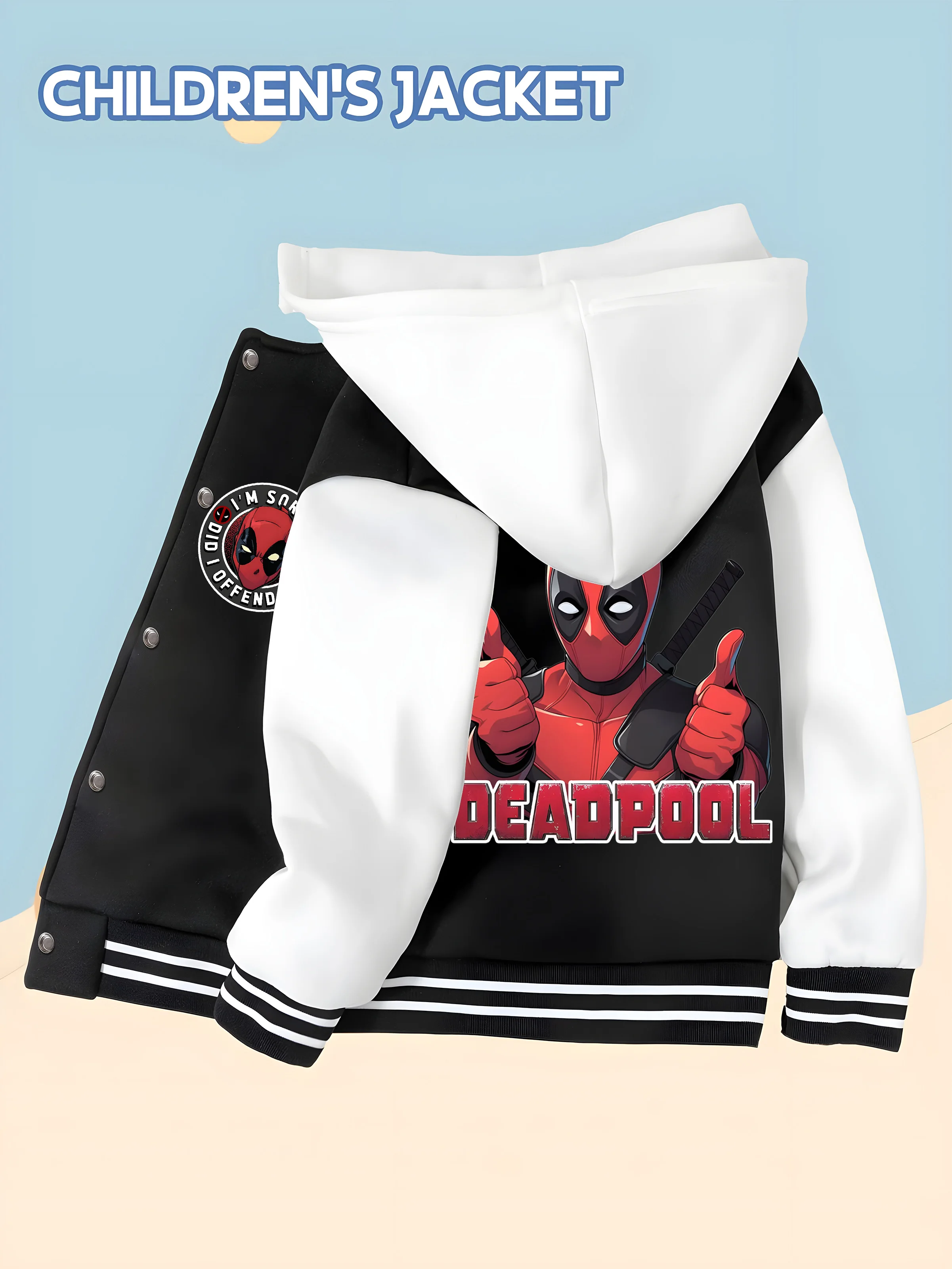 

MINISO Marvel Boys' Baseball Jacket - Deadpool Funny Print, Double-sided Pattern, Comfortable Fabric, Black and White, Fashionab