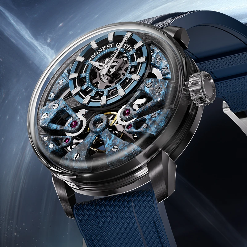 BONEST GATTI Men Automatic Watch Mechanical Wristwatch Stainless Steel Case Luminous Sapphire Glass Rubber Strap Watch