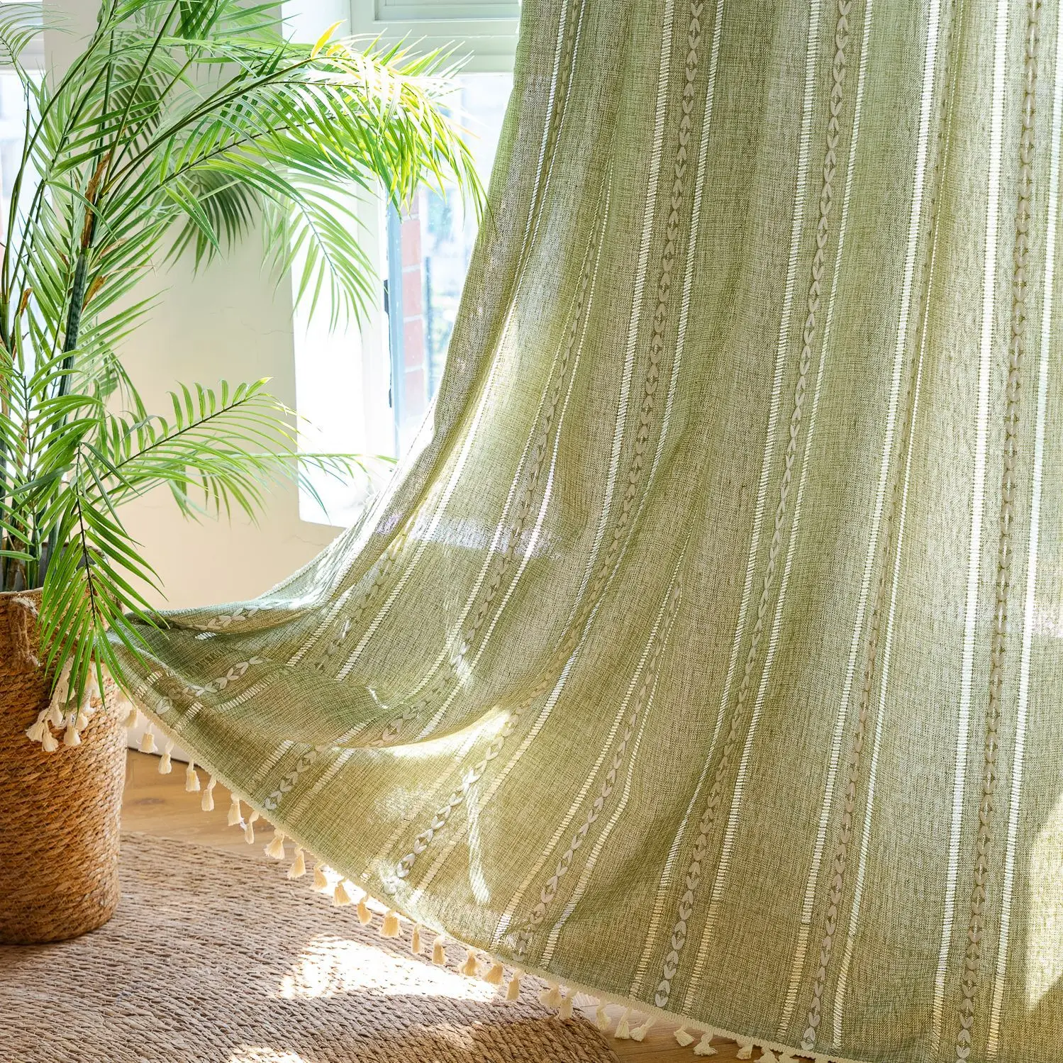 

Sage Green Boho Farmhouse Curtains for Bedroom Living Room Curtains Cotton Linen Window Curtain, Bohemian Tassel Curtain Drape