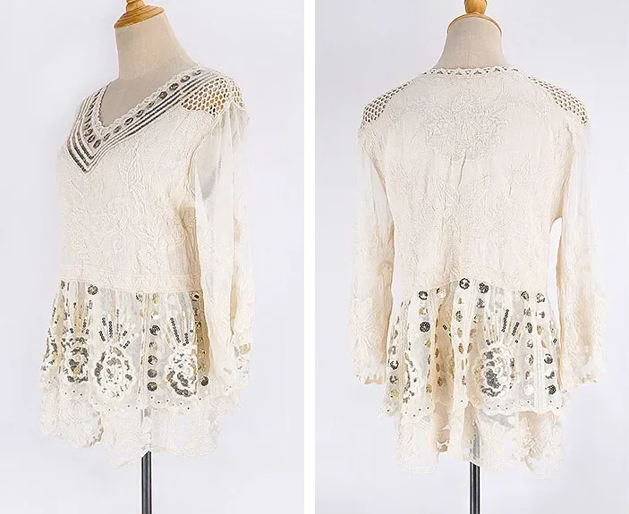Sequin floral embroidery lace blouse shirt women cover up beach wear 2020 sexy v neck cotton ruffles summer femme top