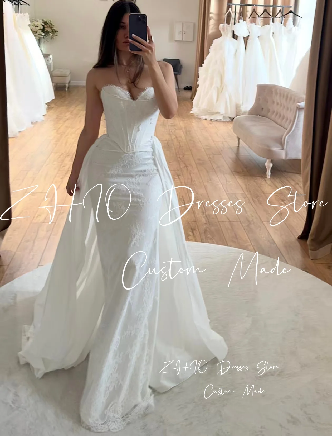 ZHIO-vestido De Novia De encaje De color marfil De lujo, escote en forma De corazón, sirena escalonada, tren desmontable, vestido De Novia clásico personalizado