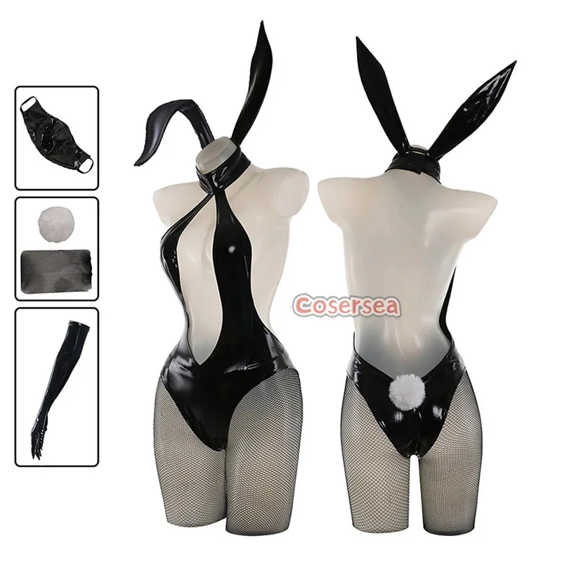 Cosersea-Disfraz de conejito negro para chicas, traje de conejita de tela de cuero PU elástico Sexy para mujer, mono, traje de Halloween, conjunto completo