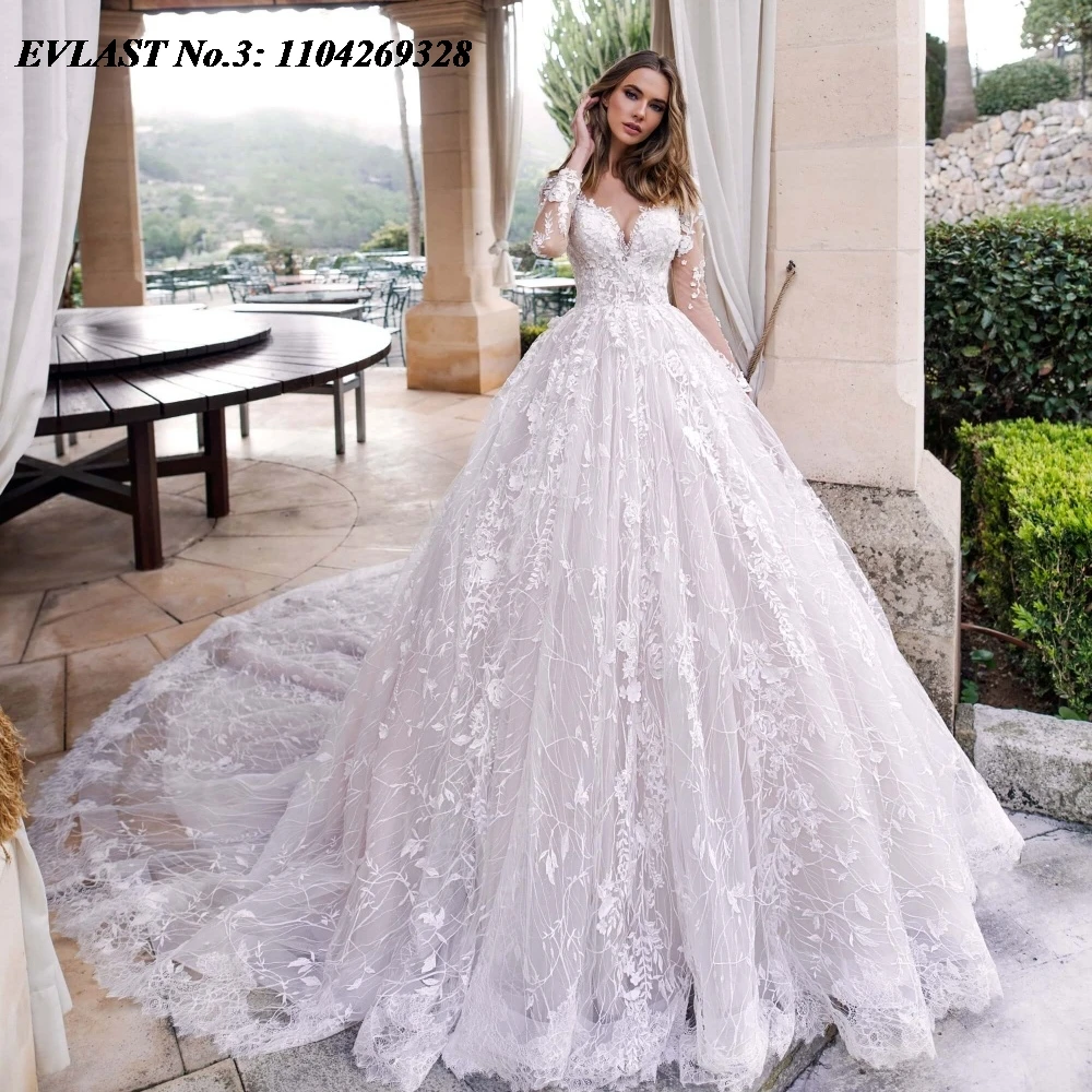 EVLAST personnalisé Vintage une ligne robe De mariée dentelle florale Applique chérie à manches longues robe De mariée robes De Novia E3WA01