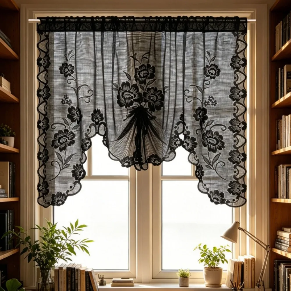 Butterfly Pull-Out Design Rustic Style Lace Short Curtain Vintage Through-shaft Type Sheer Curtains Breathable Floral Embroidery