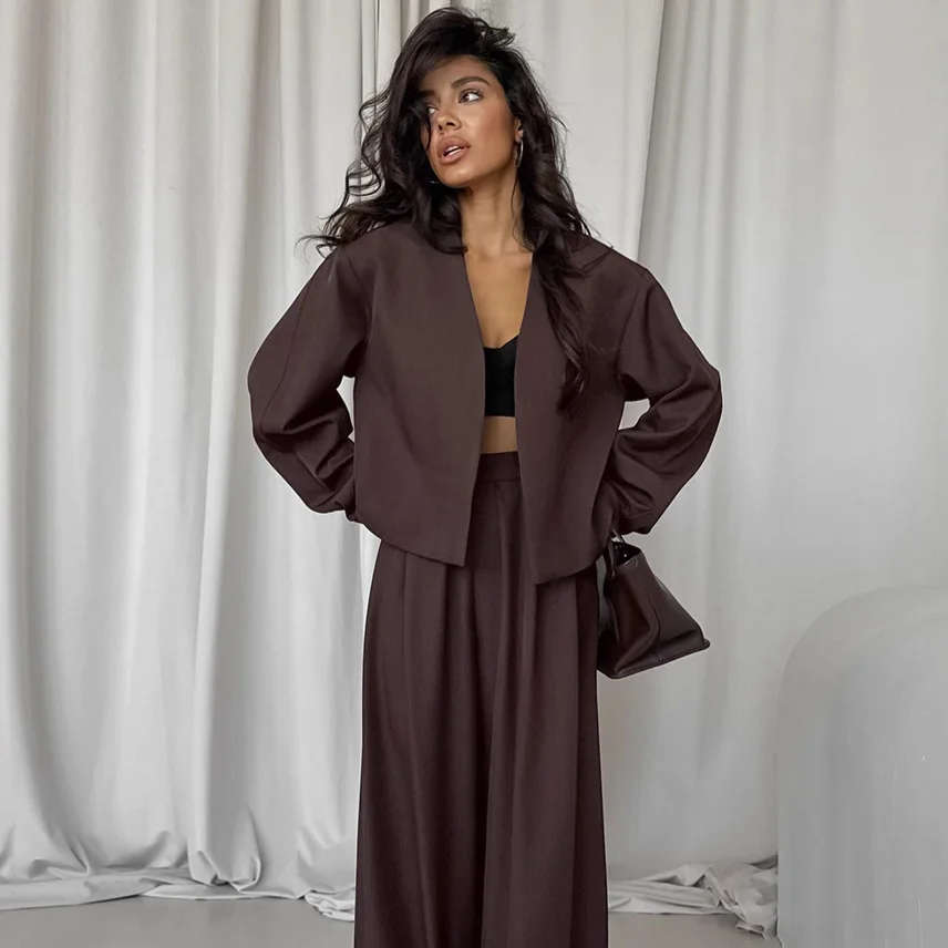 2025 Women's Autumn Solid Color V-Neck Long Sleeve Cardigan Wide Leg Pants Two-piece Fashion Casual Suit